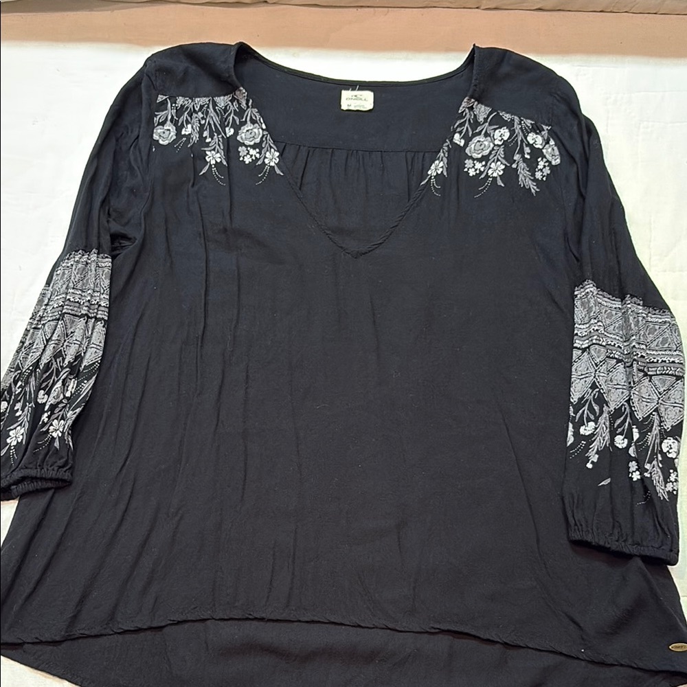 Boho Coastal Casual O’Neill Black Relaxed Fit Tunic Peasant Top 3/4 Sleeve